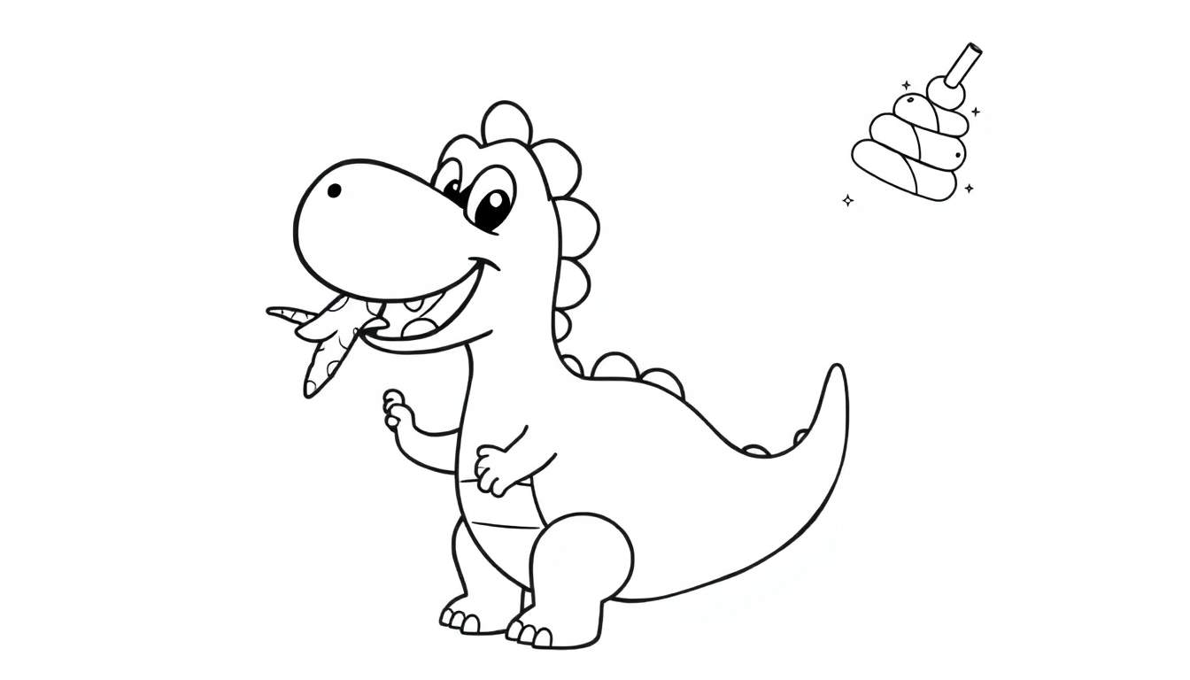 A black and white illustration of a friendly dinosaur near a colorful stacking toy, ready for coloring. This color panel is a fun activity.
