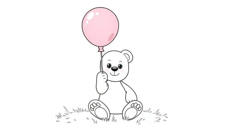 A cute white teddy bear holding a pink balloon, ready for its color panel.