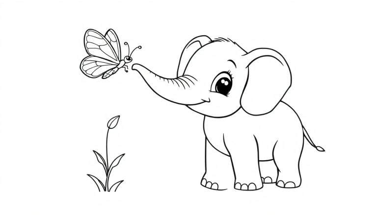A cute baby elephant enjoying a butterfly visit, ready for the color panel.