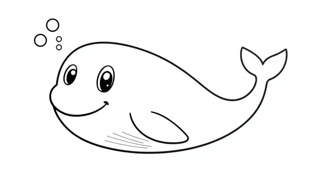 A friendly whale swimming in the ocean, with bubbles above its head. This black and white color panel is perfect for kids.