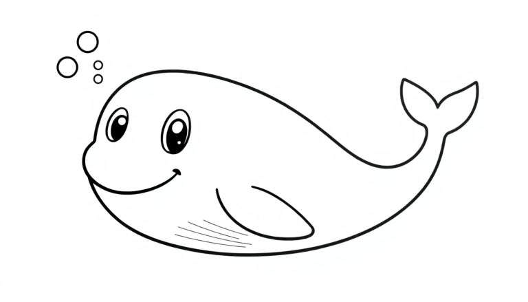 A friendly whale swimming in the ocean, with bubbles above its head. This black and white color panel is perfect for kids.