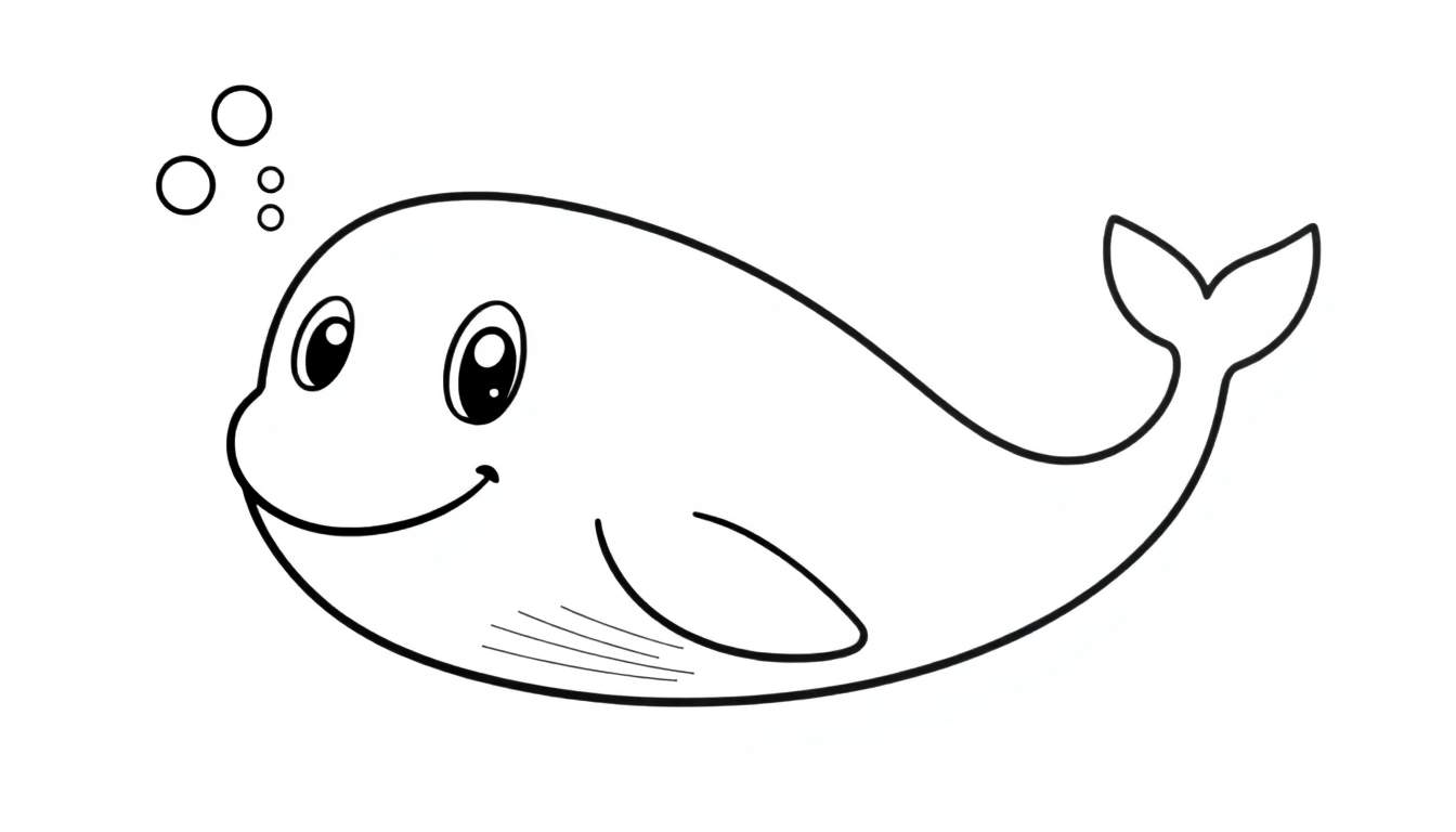 A friendly whale swimming in the ocean, with bubbles above its head. This black and white color panel is perfect for kids.
