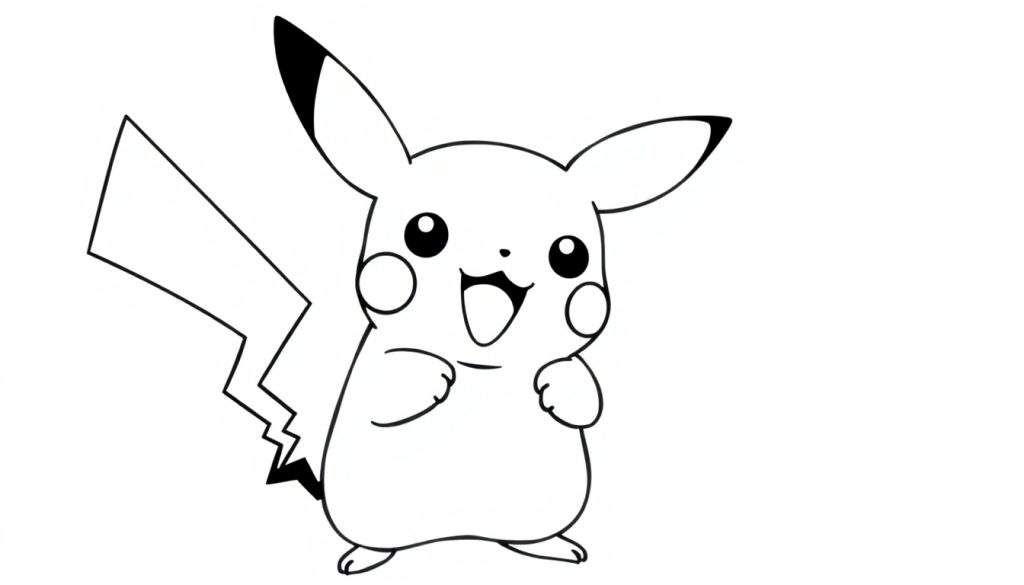 A cute black and white coloring page of Pikachu with a big smile and a lightning bolt, ready for a color panel adventure.