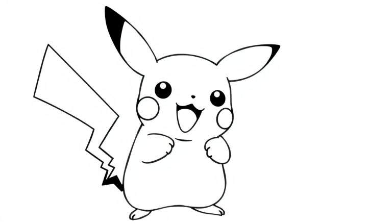 A cute black and white coloring page of Pikachu with a big smile and a lightning bolt, ready for a color panel adventure.
