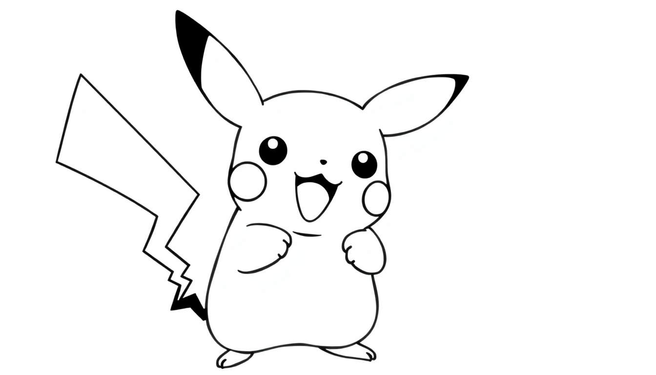A cute black and white coloring page of Pikachu with a big smile and a lightning bolt, ready for a color panel adventure.