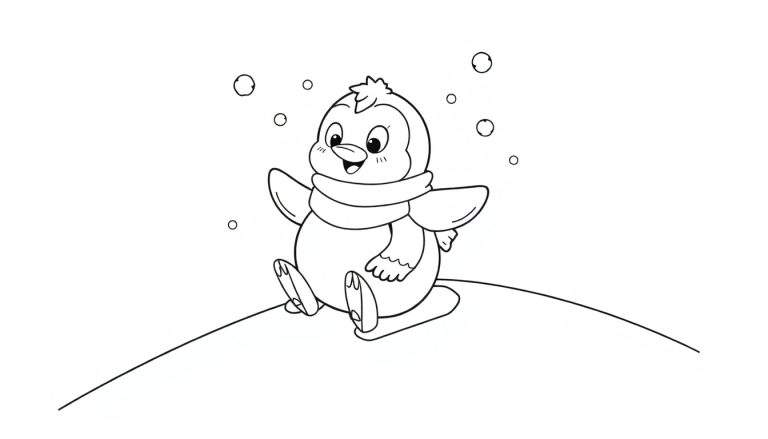 A cute black and white penguin with rosy cheeks, wearing a scarf, waves a wing while sitting on a snowy hill, resembling a color panel for a coloring book.