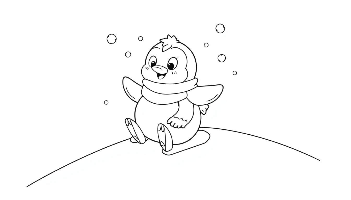A cute black and white penguin with rosy cheeks, wearing a scarf, waves a wing while sitting on a snowy hill, resembling a color panel for a coloring book.