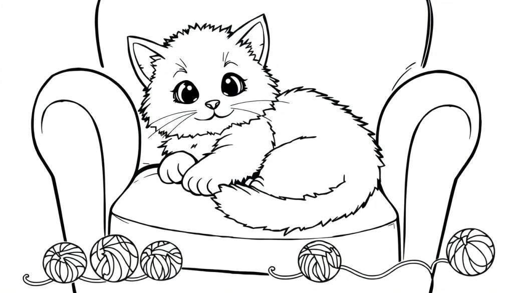 A cute black and white kitten coloring panel enjoying a cozy armchair with yarn.