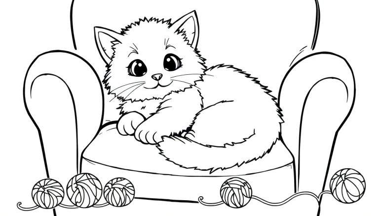 A cute black and white kitten coloring panel enjoying a cozy armchair with yarn.
