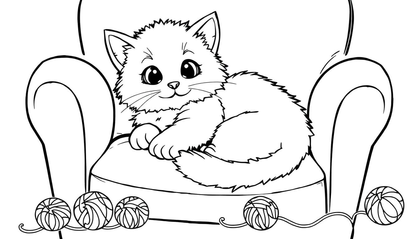 A cute black and white kitten coloring panel enjoying a cozy armchair with yarn.