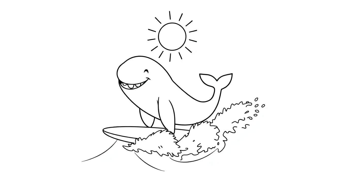 A cartoon whale with a surfboard riding a wave under a smiling sun.