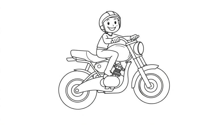 A happy cartoon person on a motorcycle, ready to color, featuring a black and white color panel.
