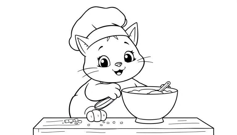 A black and white cartoon of a cat chef with a whisk and batter for a coloring panel.