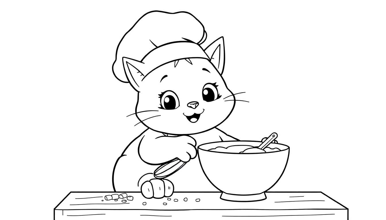 A black and white cartoon of a cat chef with a whisk and batter for a coloring panel.