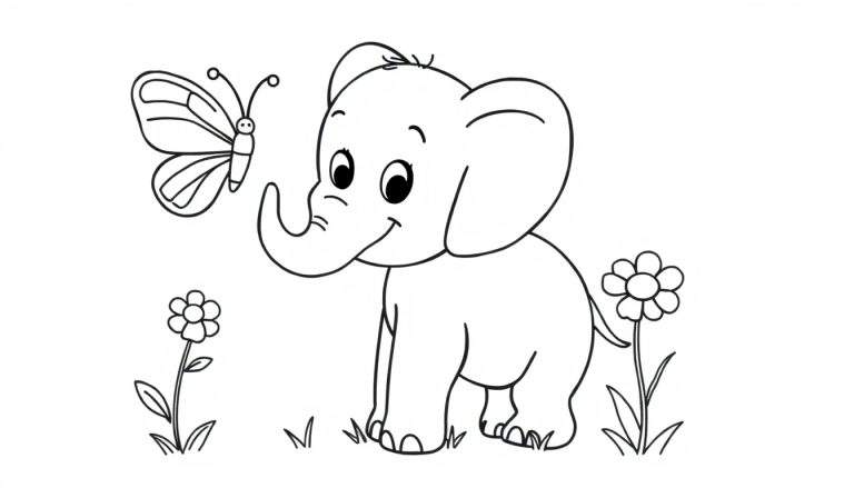 A friendly baby elephant and a butterfly in a garden coloring panel.