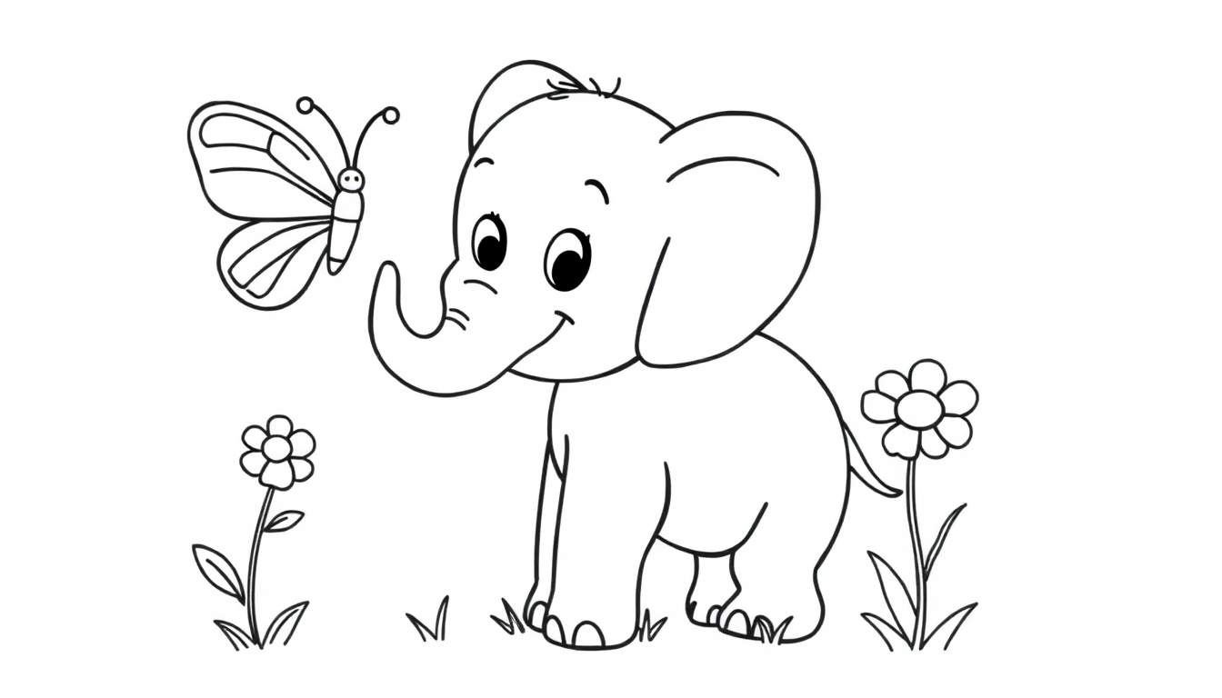 A friendly baby elephant and a butterfly in a garden coloring panel.