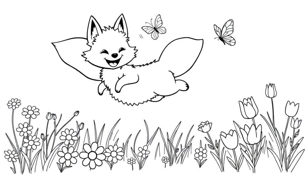 A cute, fluffy fox flying happily over a flower field in a black and white color panel for kids.