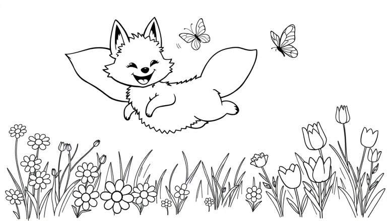 A cute, fluffy fox flying happily over a flower field in a black and white color panel for kids.