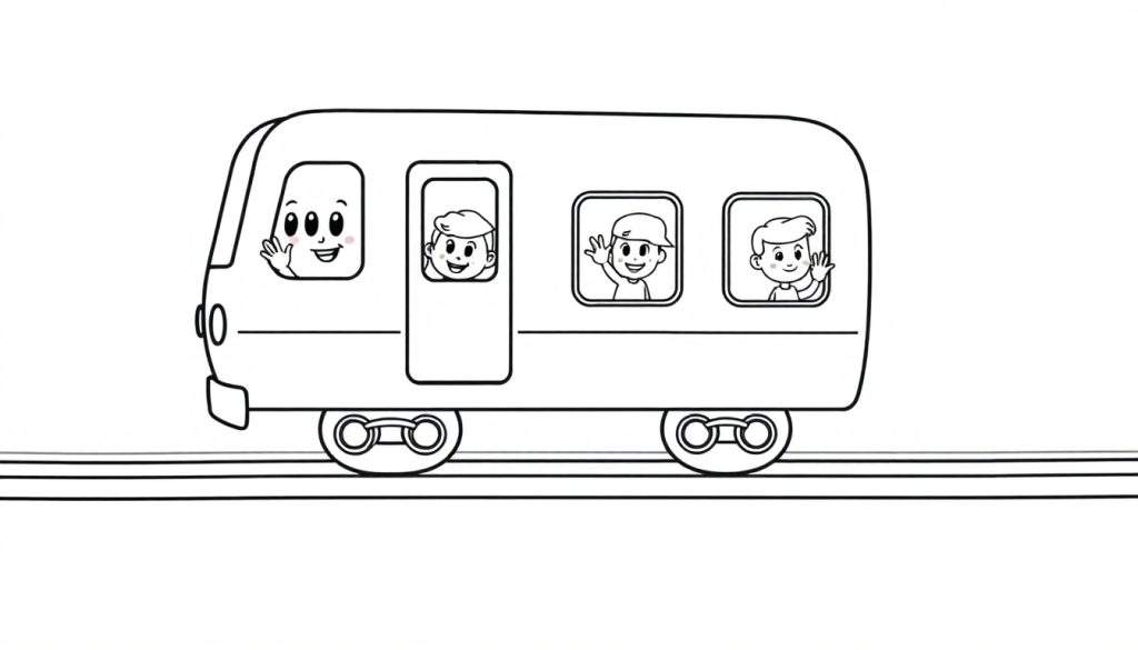 A black and white cartoon train with waving passengers, a fun color panel for kids.