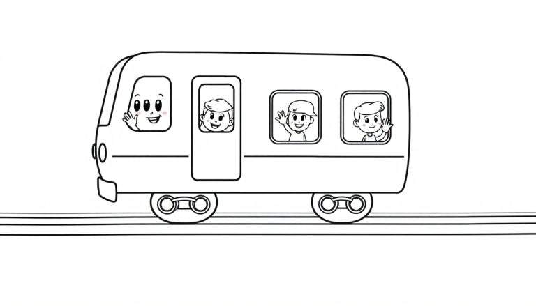 A black and white cartoon train with waving passengers, a fun color panel for kids.