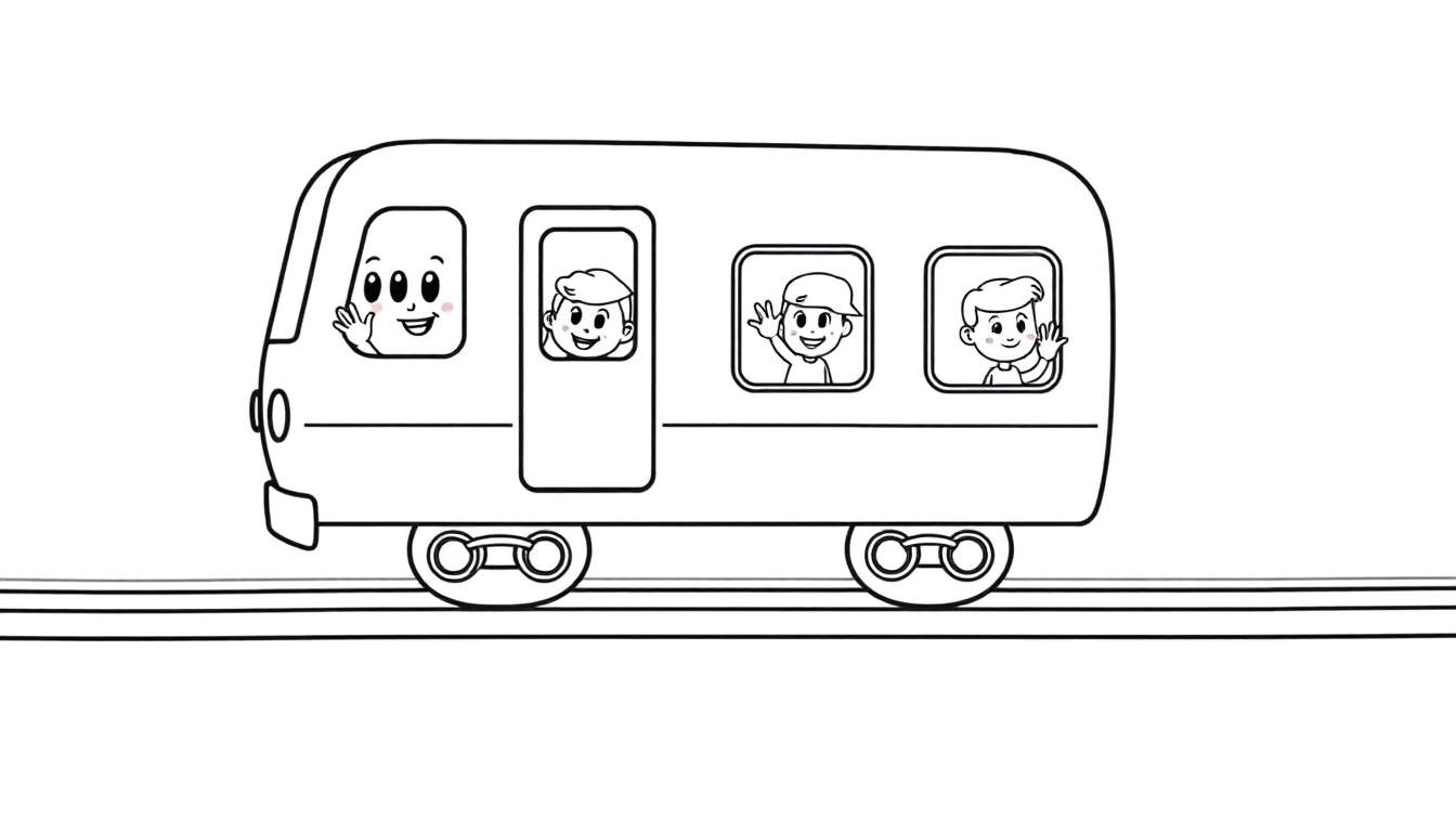 A black and white cartoon train with waving passengers, a fun color panel for kids.