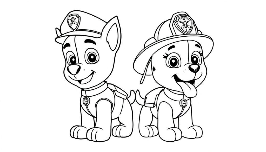 A coloring panel featuring two cartoon dogs, one a police officer and the other a firefighter.