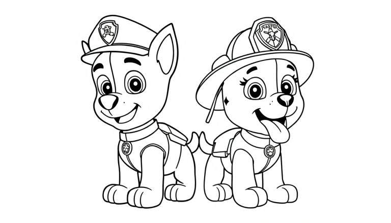 A coloring panel featuring two cartoon dogs, one a police officer and the other a firefighter.