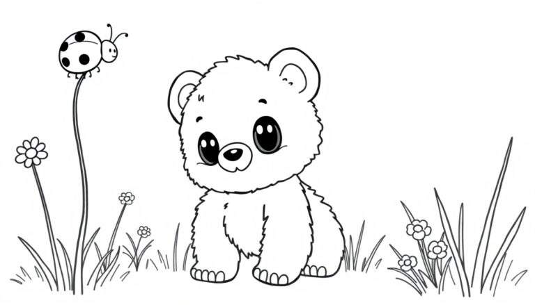 A cute black and white drawing of a bear cub sitting in a meadow, ready for the color panel. 🐻