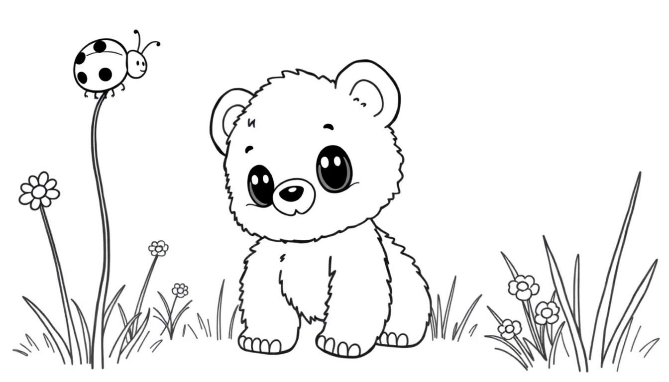 A cute black and white drawing of a bear cub sitting in a meadow, ready for the color panel. 🐻