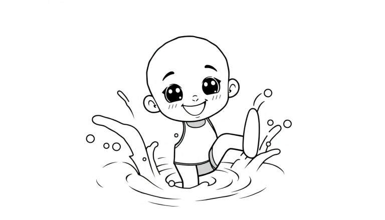 Cute cartoon water polo player splashing happily in the water, a color panel for fun! 👧‍☂️🏆
