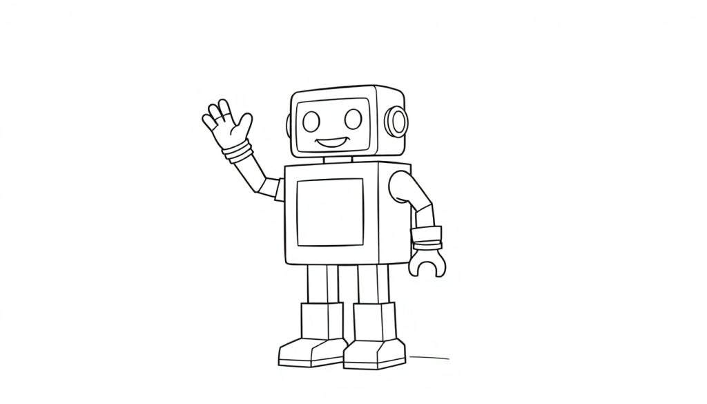 A friendly cartoon robot with a square body and round-edged rectangular head waving, a fun color panel.
