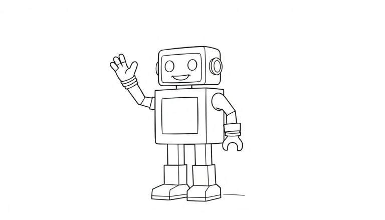 A friendly cartoon robot with a square body and round-edged rectangular head waving, a fun color panel.
