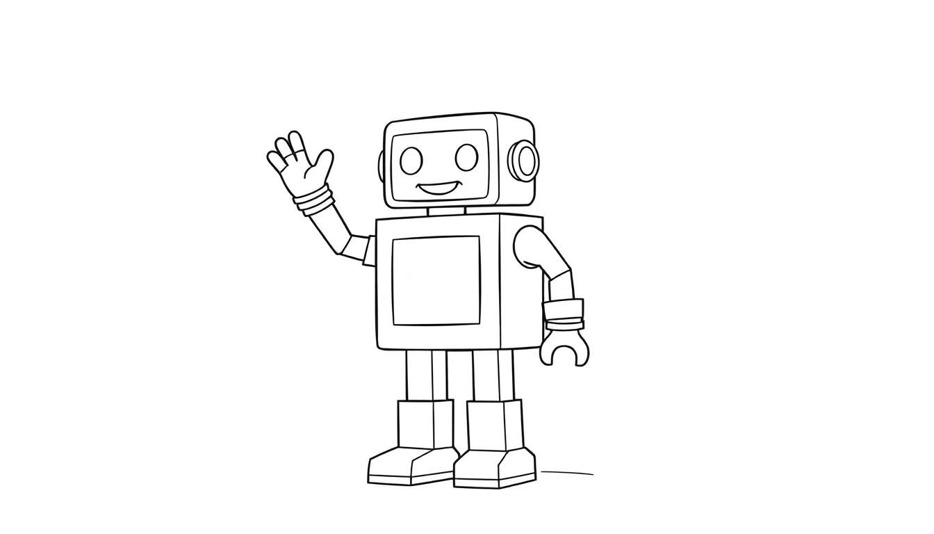 A friendly cartoon robot with a square body and round-edged rectangular head waving, a fun color panel.