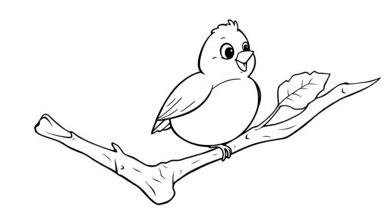A cute cartoon robin in black and white for a color panel.
