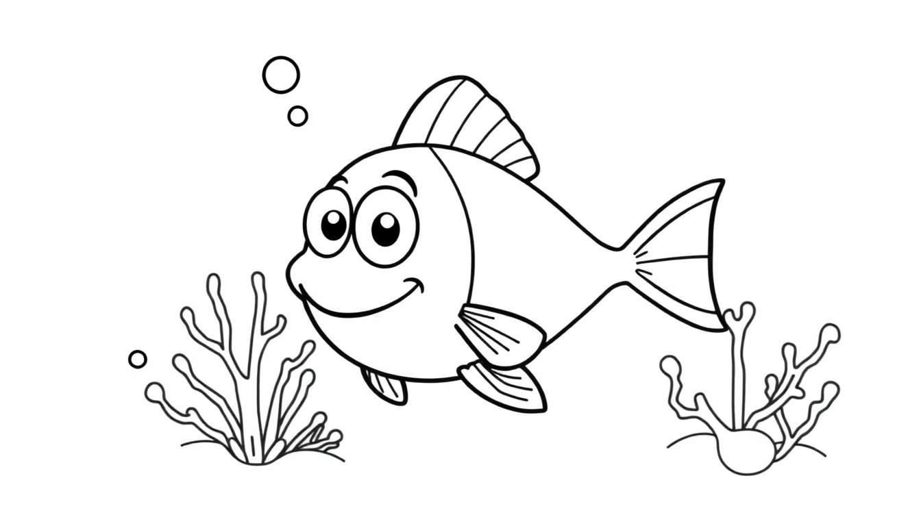 A happy cartoon fish with big eyes and striped fins swimming near underwater plants and bubbles.