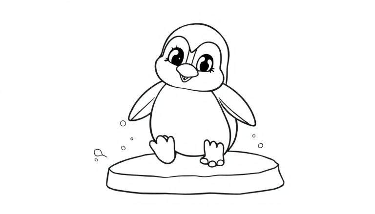 A cute cartoon penguin on an iceberg, ready for coloring in this color panel.