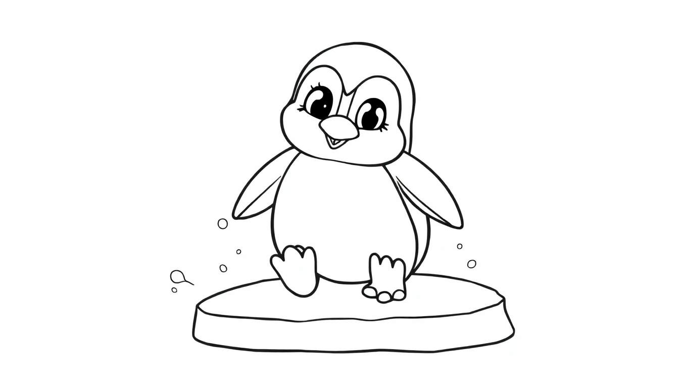 A cute cartoon penguin on an iceberg, ready for coloring in this color panel.