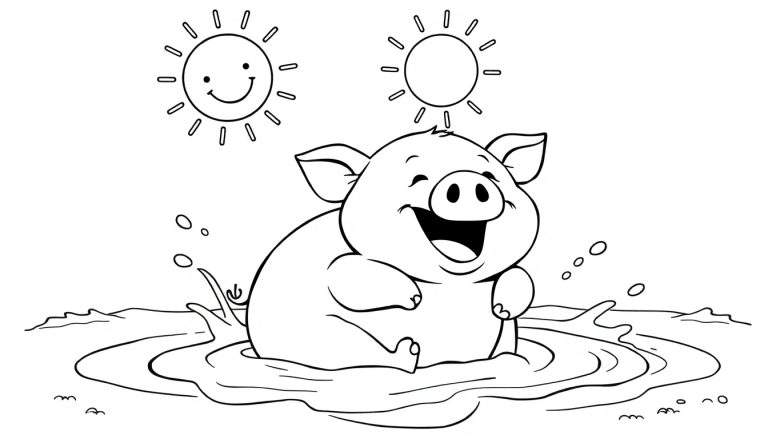 A happy pig in a mud puddle, with two suns above, as a black and white color panel.
