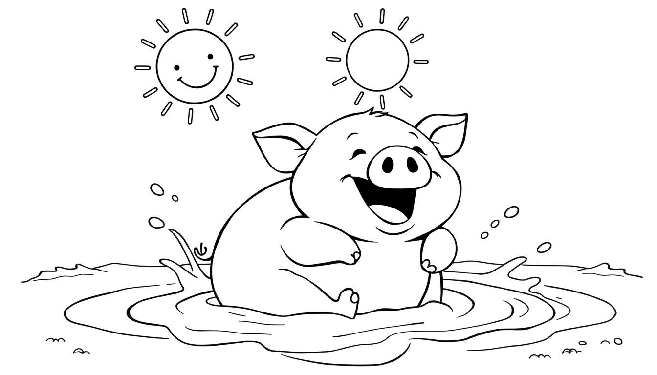 A happy pig in a mud puddle, with two suns above, as a black and white color panel.