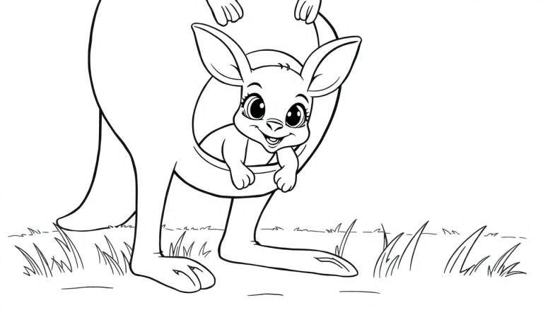 A black and white drawing of a kangaroo with a joey in its pouch, ready for a color panel adventure.