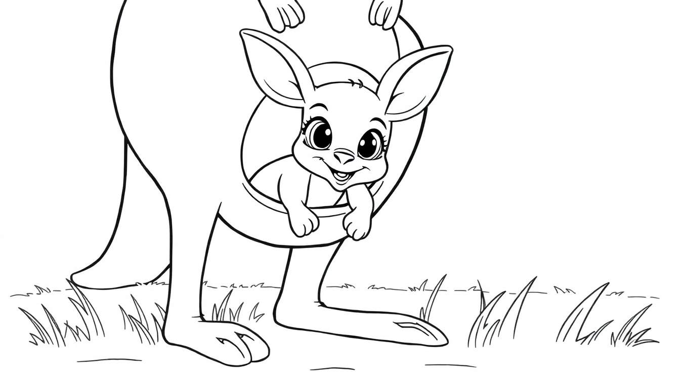 A black and white drawing of a kangaroo with a joey in its pouch, ready for a color panel adventure.