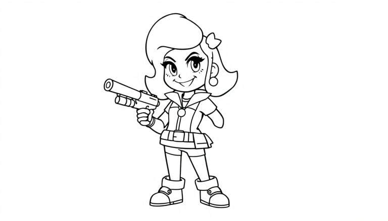 A cute black and white coloring panel of Shelly with her super ready, perfect for kids to color.