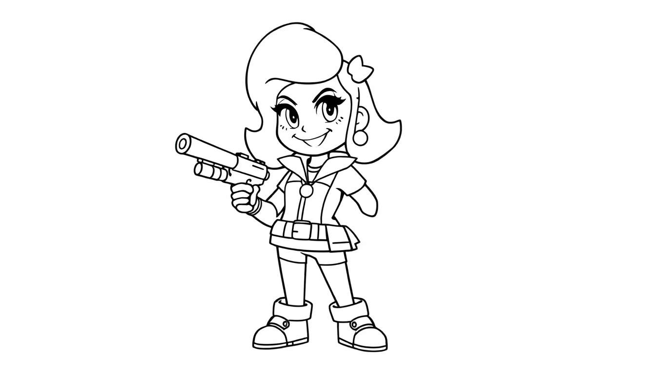 A cute black and white coloring panel of Shelly with her super ready, perfect for kids to color.
