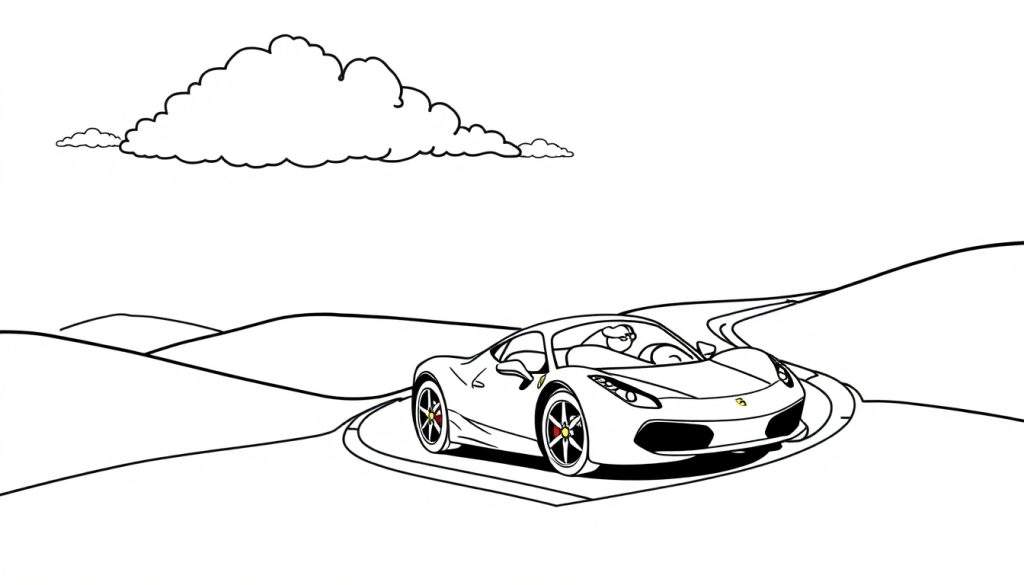 A black and white coloring page of a cute, smiling Ferrari sports car driving on a winding road through hills under a sky with fluffy clouds, perfect for a color panel.
