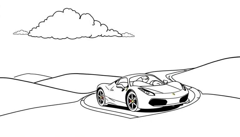 A black and white coloring page of a cute, smiling Ferrari sports car driving on a winding road through hills under a sky with fluffy clouds, perfect for a color panel.