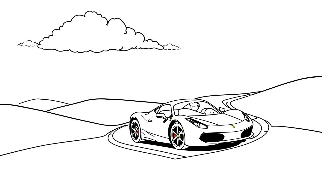 A black and white coloring page of a cute, smiling Ferrari sports car driving on a winding road through hills under a sky with fluffy clouds, perfect for a color panel.