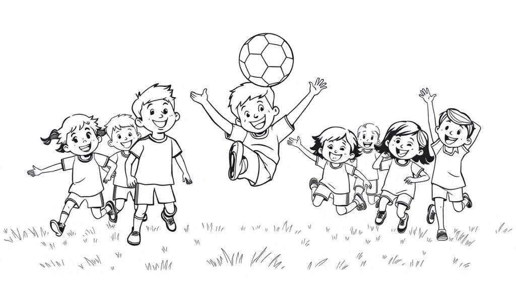 Children playing soccer, black and white color panel.