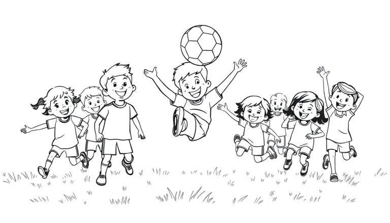 Children playing soccer, black and white color panel.