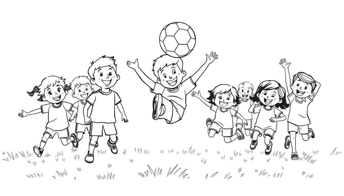 Children playing soccer, black and white color panel.