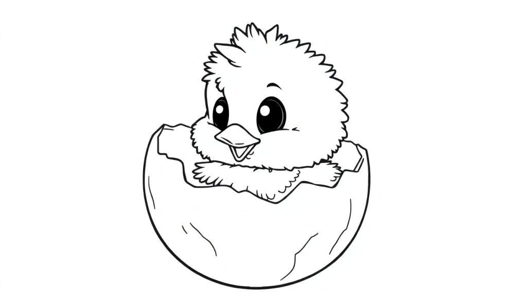 A fluffy chick peeking from a cracked egg, a charming black and white color panel illustration for kids.